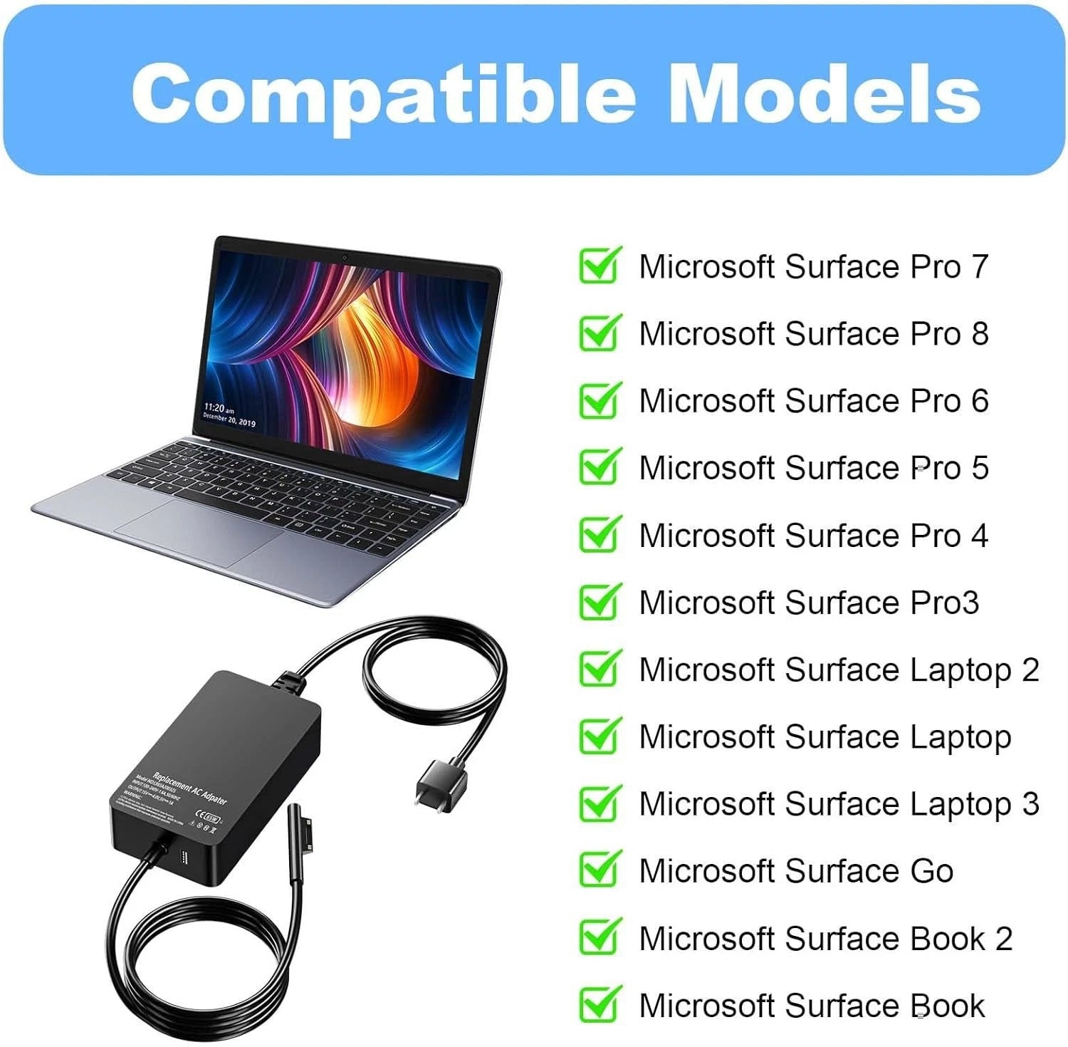 65W 44W 1706 1950 1943 Charger Compatible with Microsoft Surface Pro 9 8 7+ 7 6
