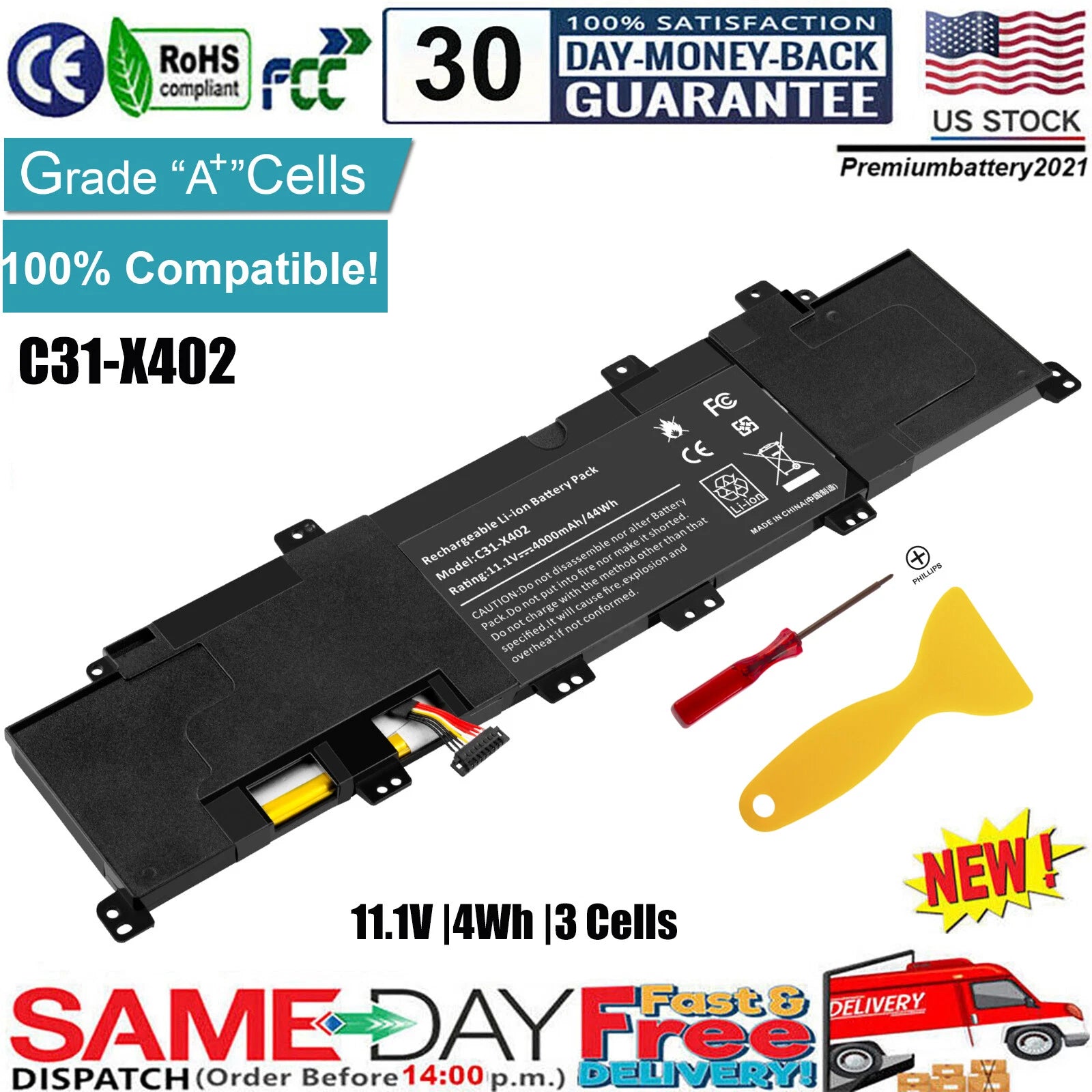 Battery C31-X402 C21-X401 For Asus VivoBook S300 S300C S300CA S400C S400E X40PW9