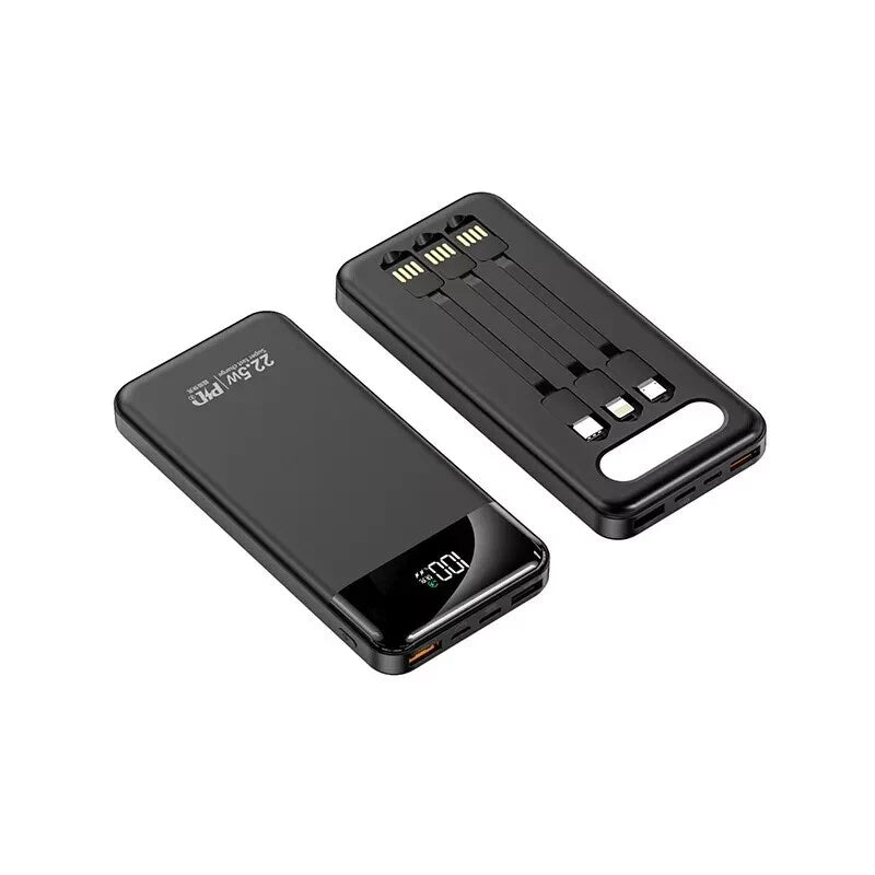 Portable Power Bank 10000mAh Fast Charging Battery with 3 Built in Cable BLK/WHT