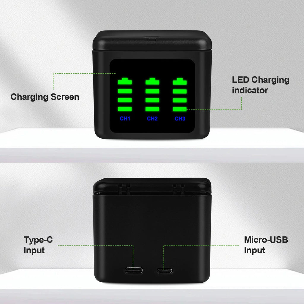 ?3x Battery Charger for GoPro Hero 12 11 10 9 W/ 2x2Ah Battery & Charger Type-C