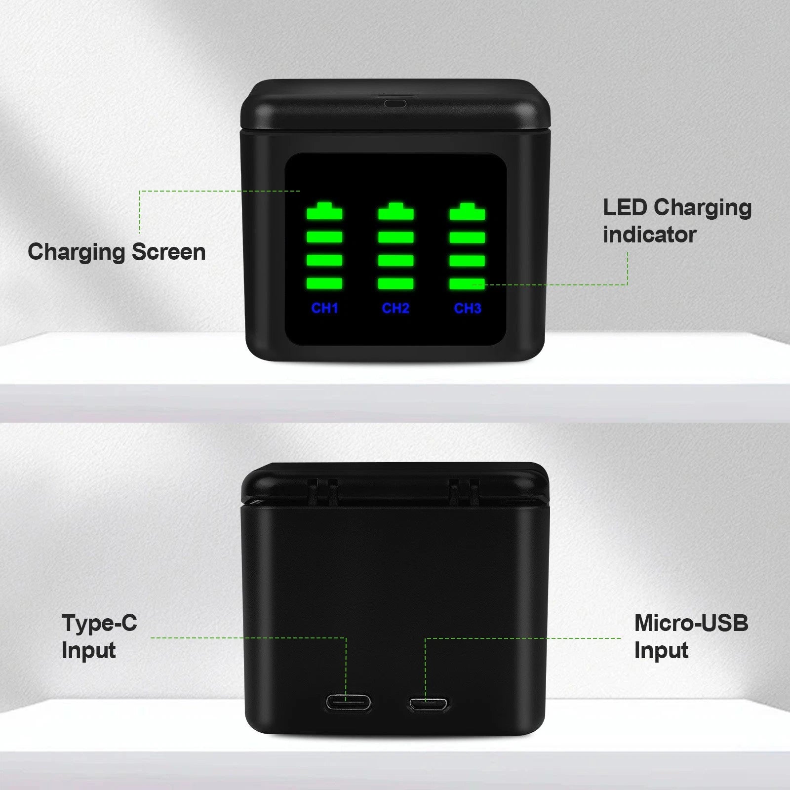 ?3x Battery Charger for GoPro Hero 12 11 10 9 W/ 2x2Ah Battery & Charger Type-C