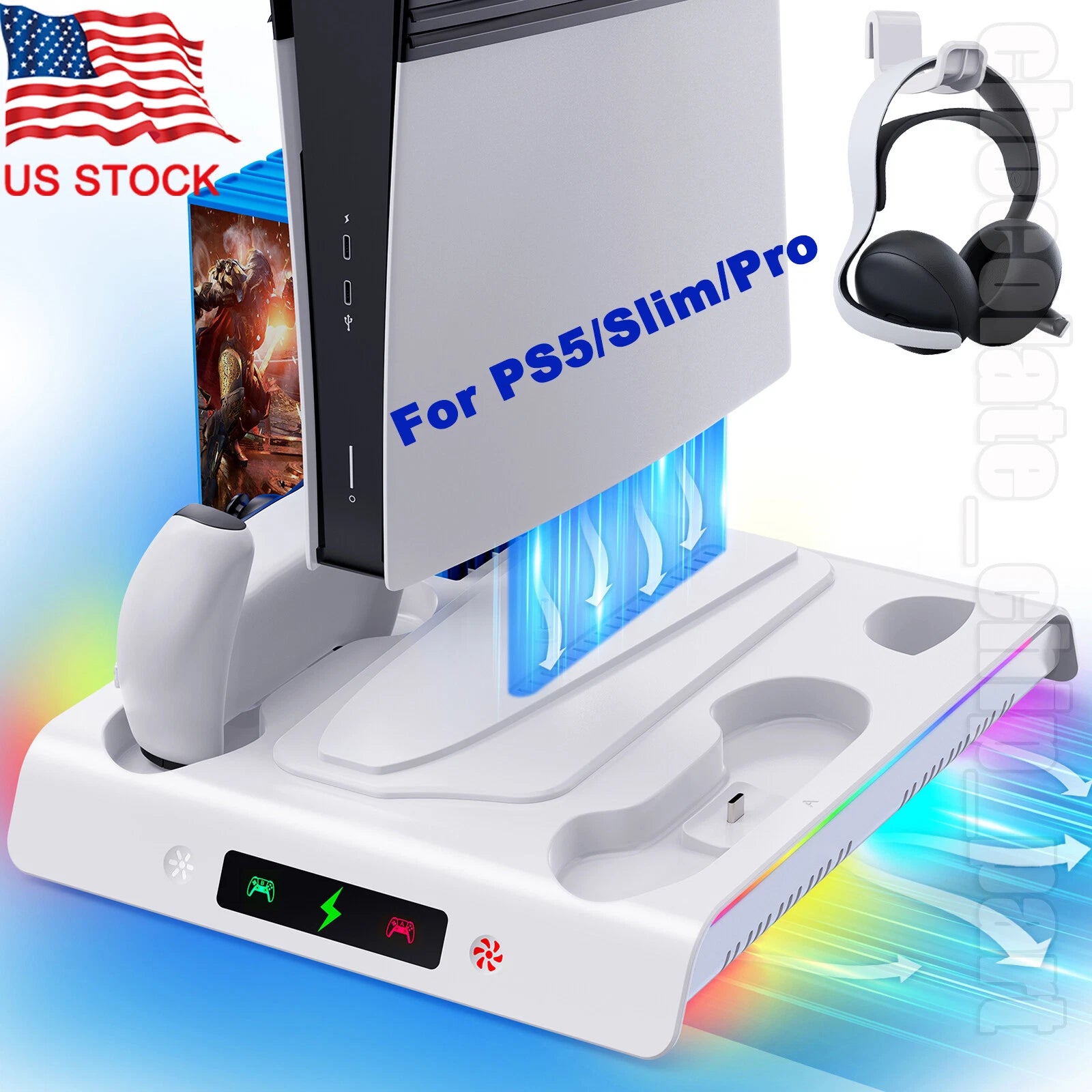 For PS5/PS5 Pro/Slim Stand Cooling Fan with Controller Dual Charging Station