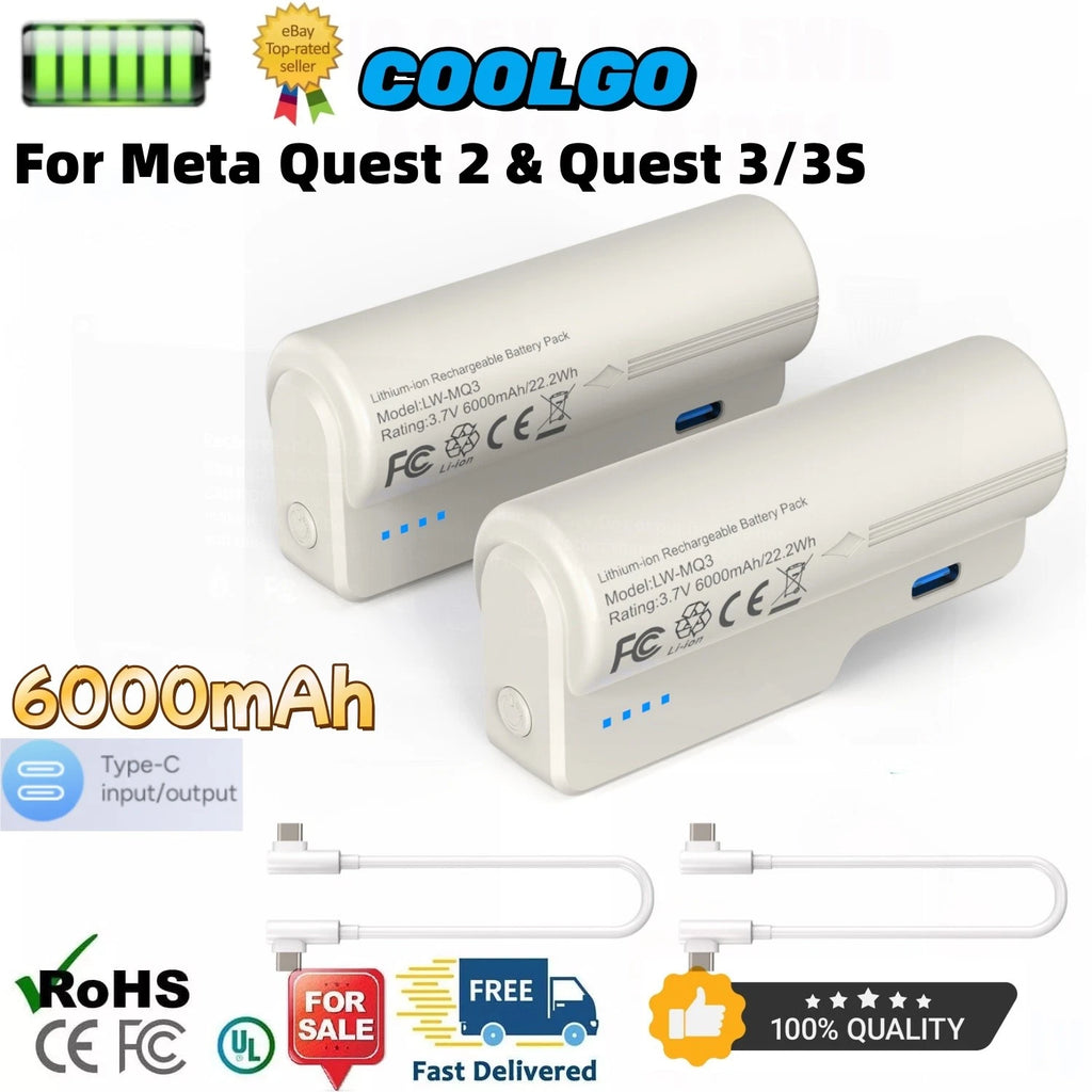 2x Battery Pack for Meta Quest 3/3S and Oculus Quest 2, 6000Mah Extended Battery