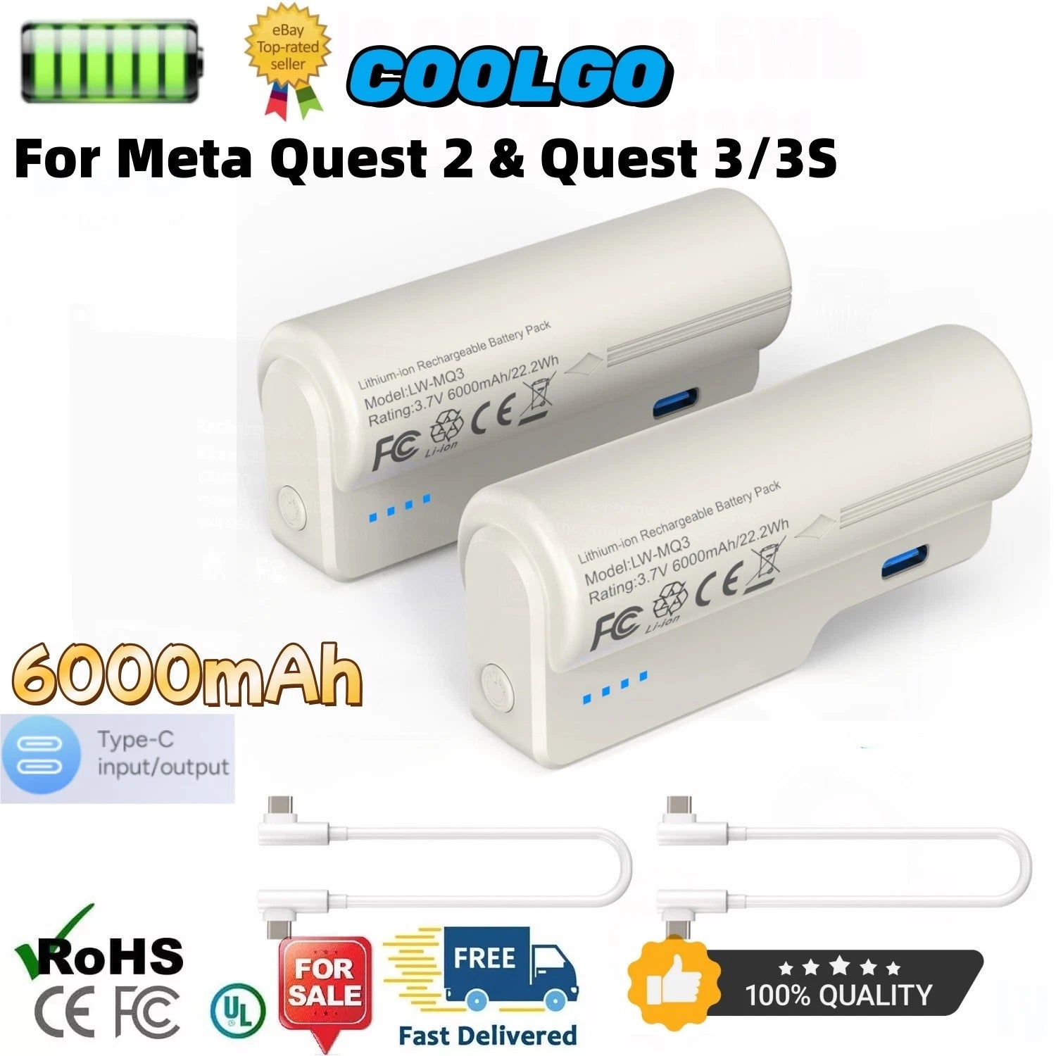2x Battery Pack for Meta Quest 3/3S and Oculus Quest 2, 6000Mah Extended Battery
