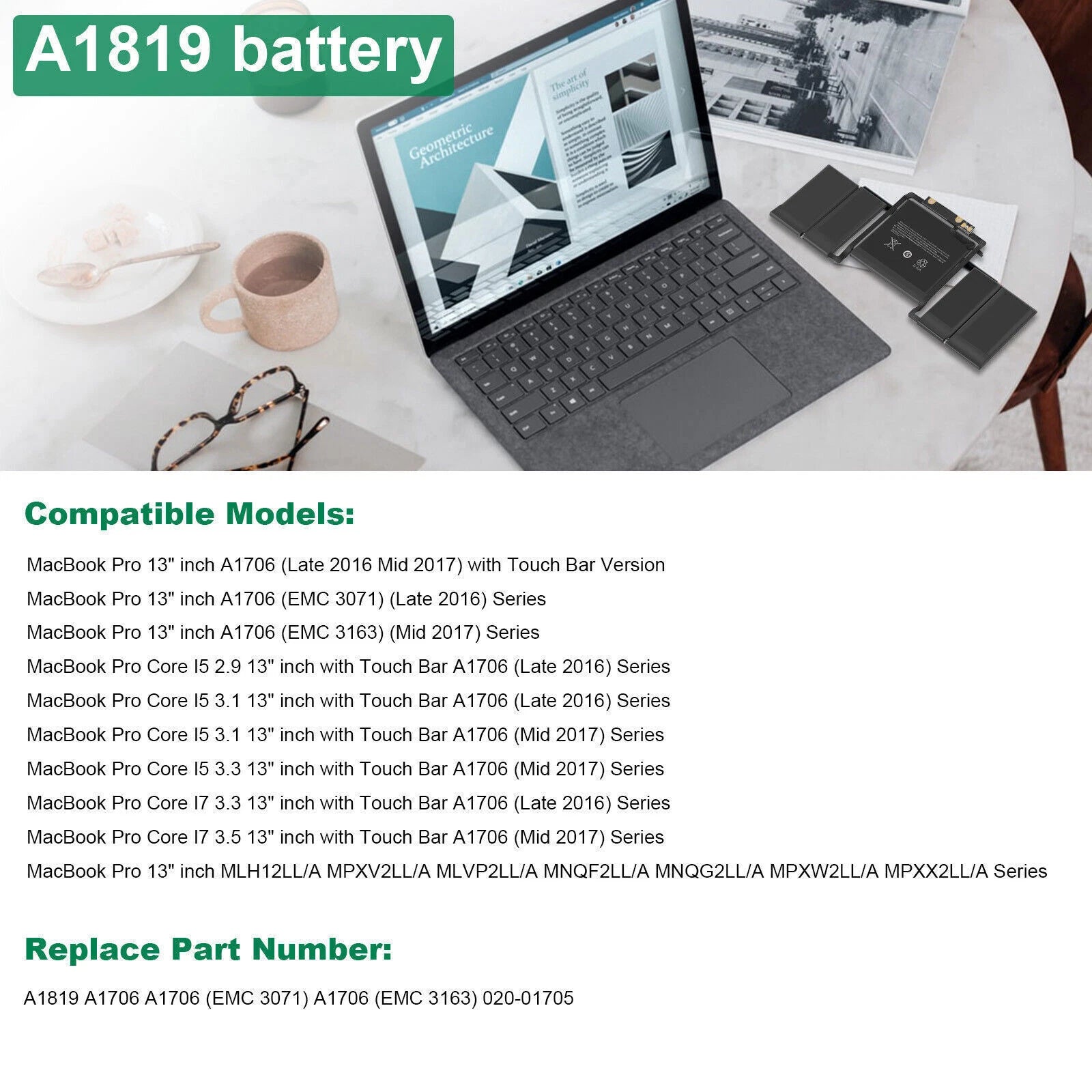A1819 Battery for Apple MacBook Pro 13 inch A1706 Retina 2016 2017 MLH12L 49.2Wh