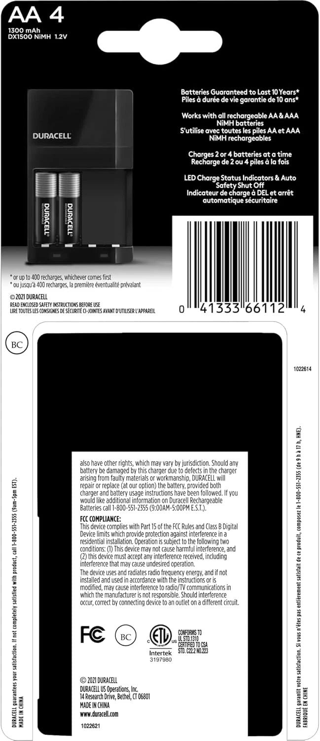 2 Pack Duracell AA / AAA NiMH Battery Value Charger, 4 AA Rechargeable Batteries