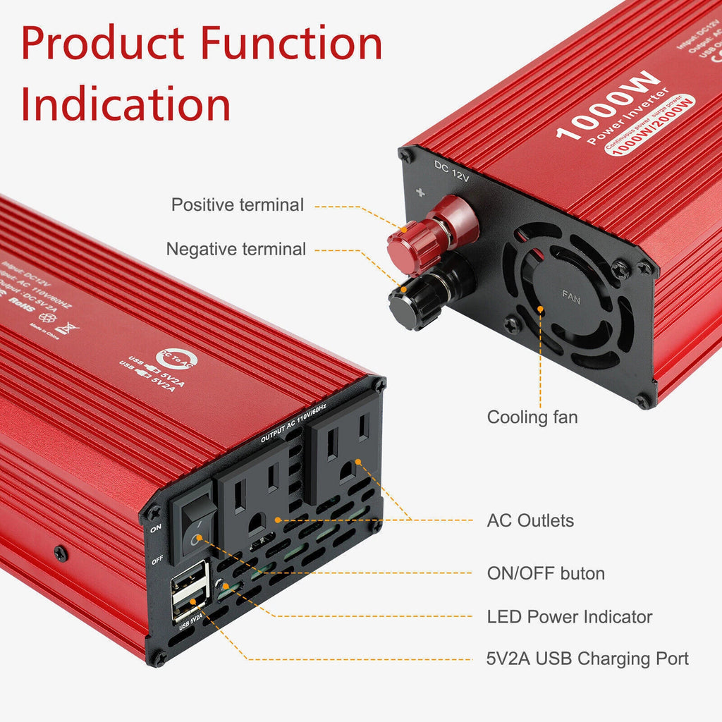 Peak 2000W Car Power Inverter DC 12V to AC 110V Converter Adapter Charger Outlet