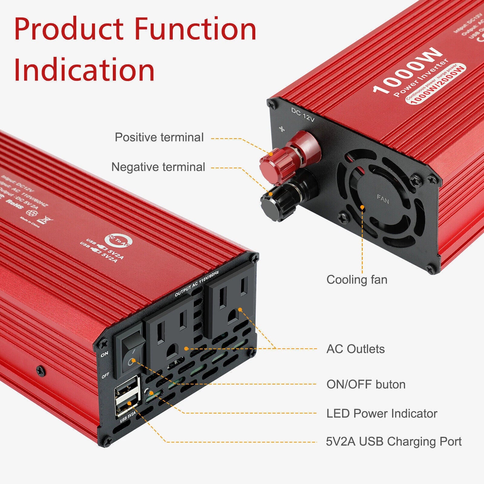 Peak 2000W Car Power Inverter DC 12V to AC 110V Converter Adapter Charger Outlet