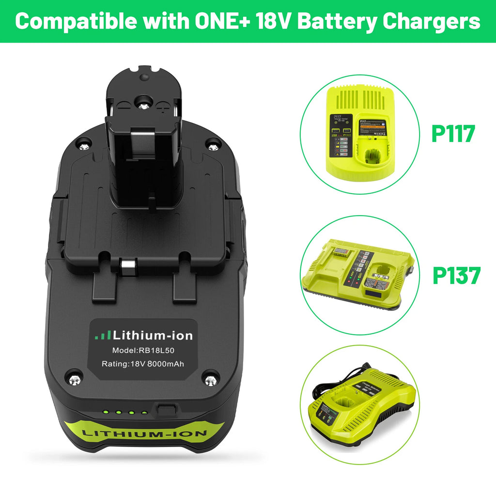 2X 8.0Ah 18V Replace Battery For Ryobi Lithium P108 RB18L50 RB18L40 With LED