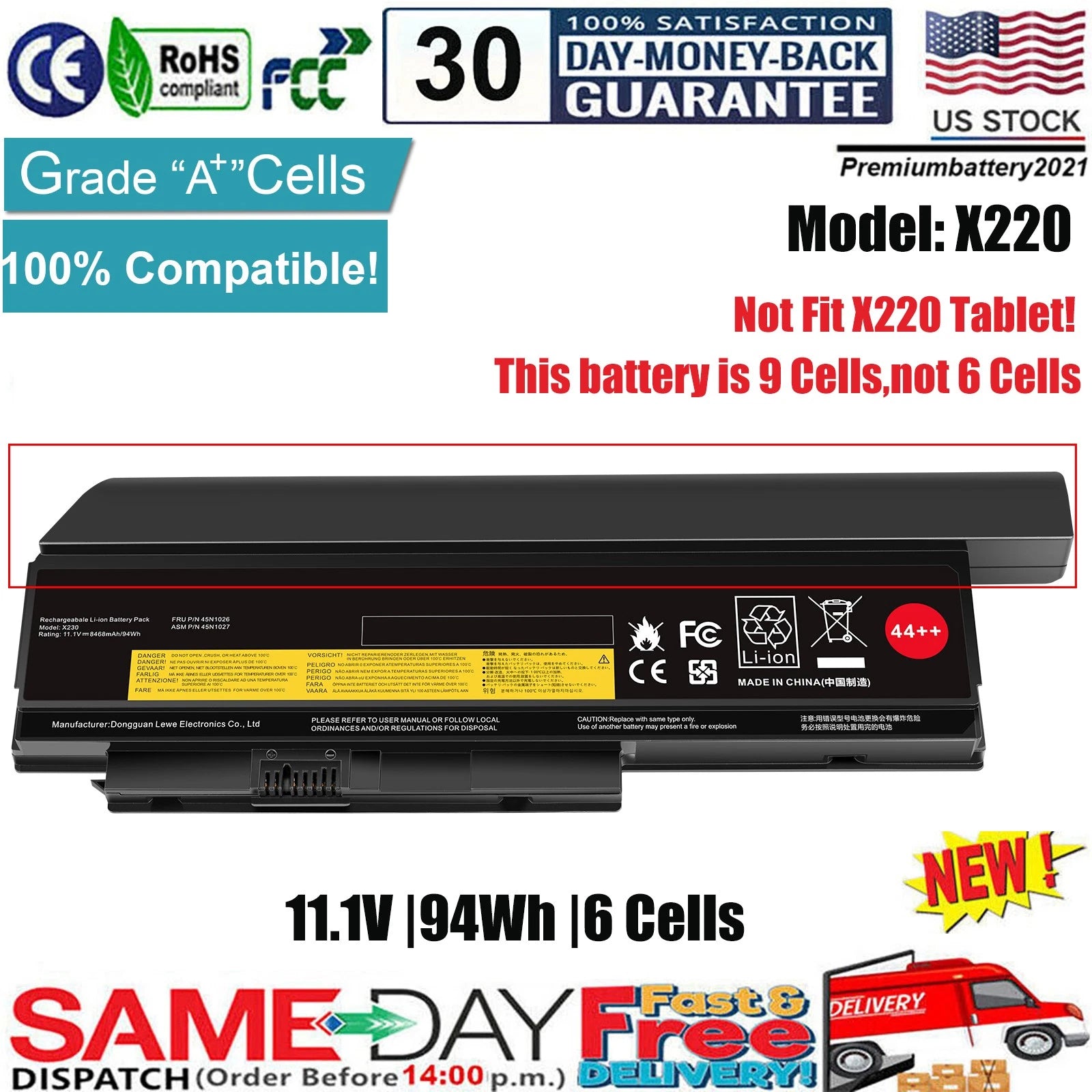 ?44++ 9 Cell X230 X220 Battery For Lenovo ThinkPad X230i X220i 45N1023 45N1027