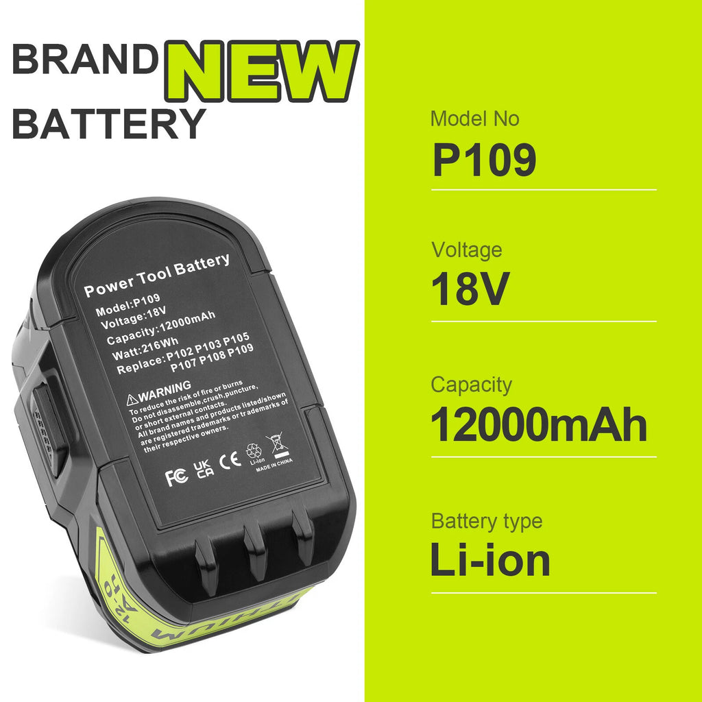 12Ah For RYOBI 18V Battery P108 High Capacity 18Volt Lithium-Ion P102 P104 P109