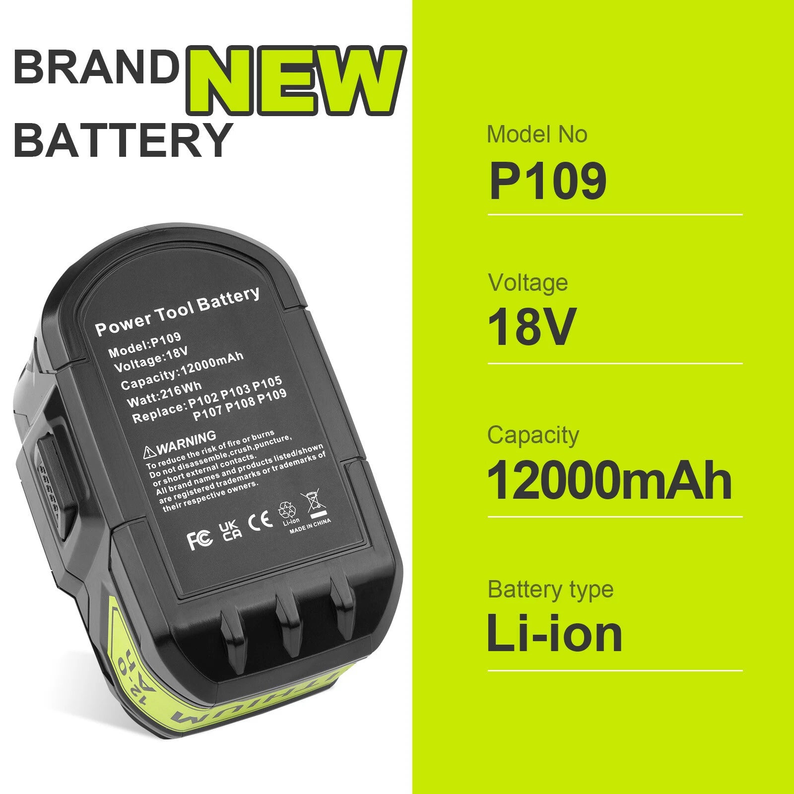 12Ah For RYOBI 18V Battery P108 High Capacity 18Volt Lithium-Ion P102 P104 P109