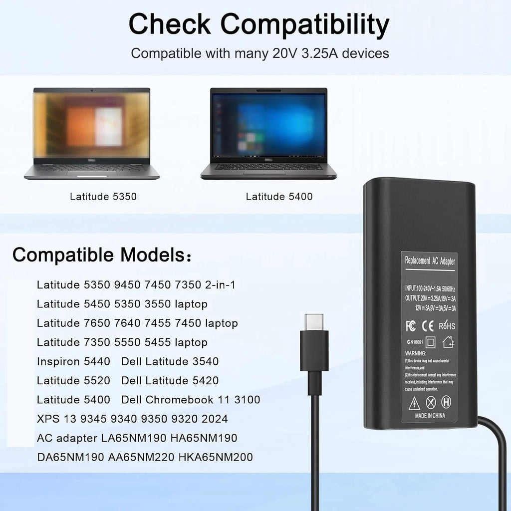 65W Power Supply Charger For Dell Pro 13 14 16 Laptop for Dell 65W USB-C Charger