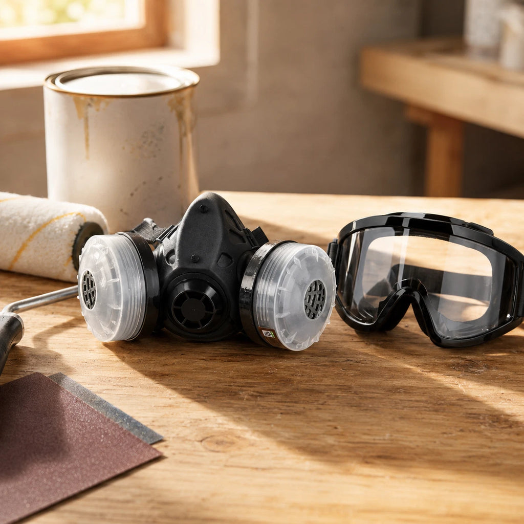 Half Face Gas Mask Dual Filters Respirator with Glasses for Painting Sanding