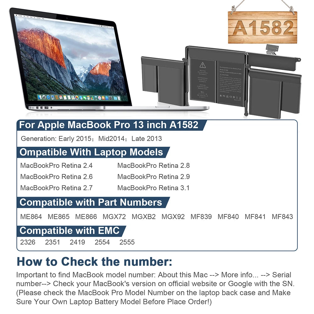 New A1582 Battery For MacBook Pro 13" Retina Early 2015 Mid 2014 Late 2013 A1502