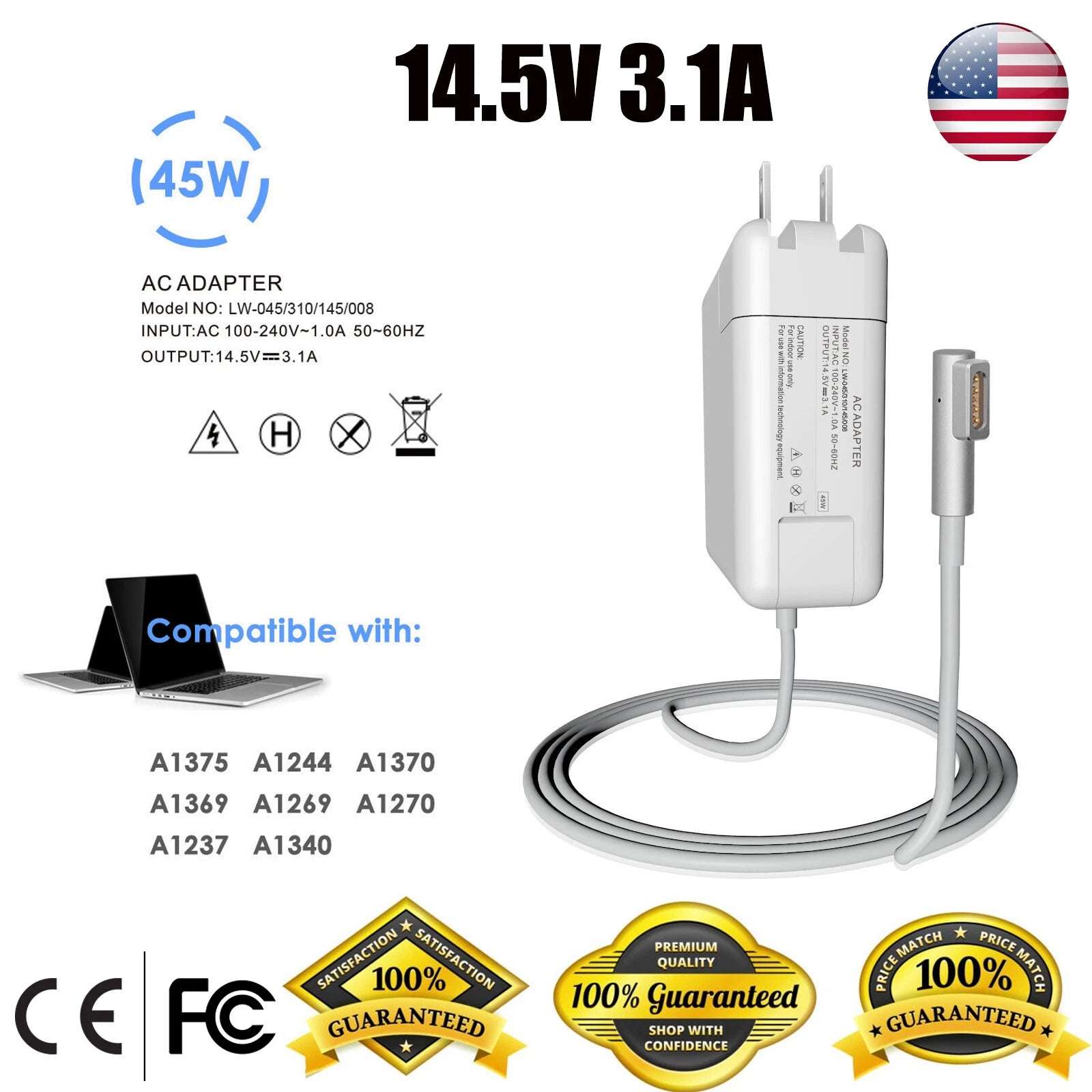 45W Power Adapter L-Tip Connector for Apple Old MacBook Air Charger A1237 A1370