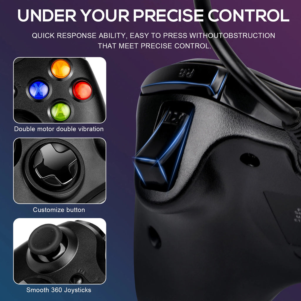 USB Wired Game Controller Gamepad for Microsoft XBOX 360 & PC WIN 7 8 10 Black