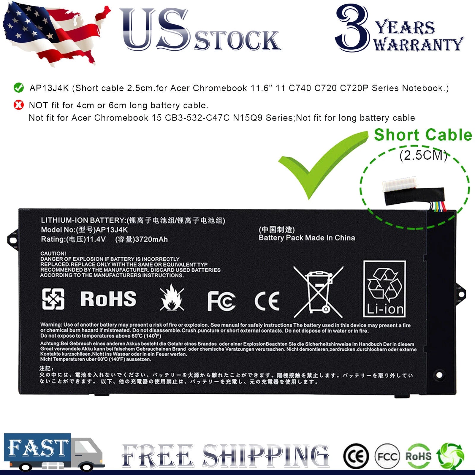 AP13J3K/AP13J4K Battery for Acer Chromebook 11.6" C720 C740 C720-2848 2.5CM