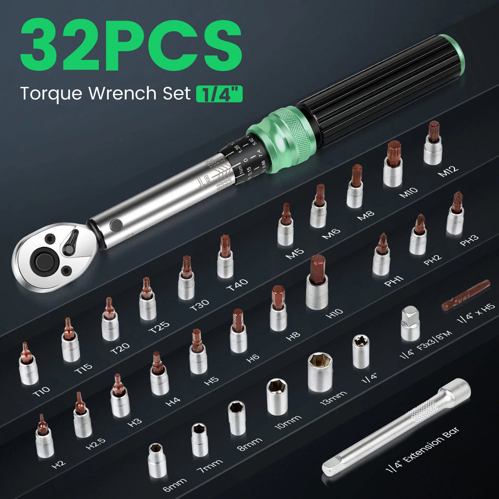 ?32Pcs 1/4'' Drive Adjustable Click Torque Wrench 2.5-25NM w/ Extension Bar 2026