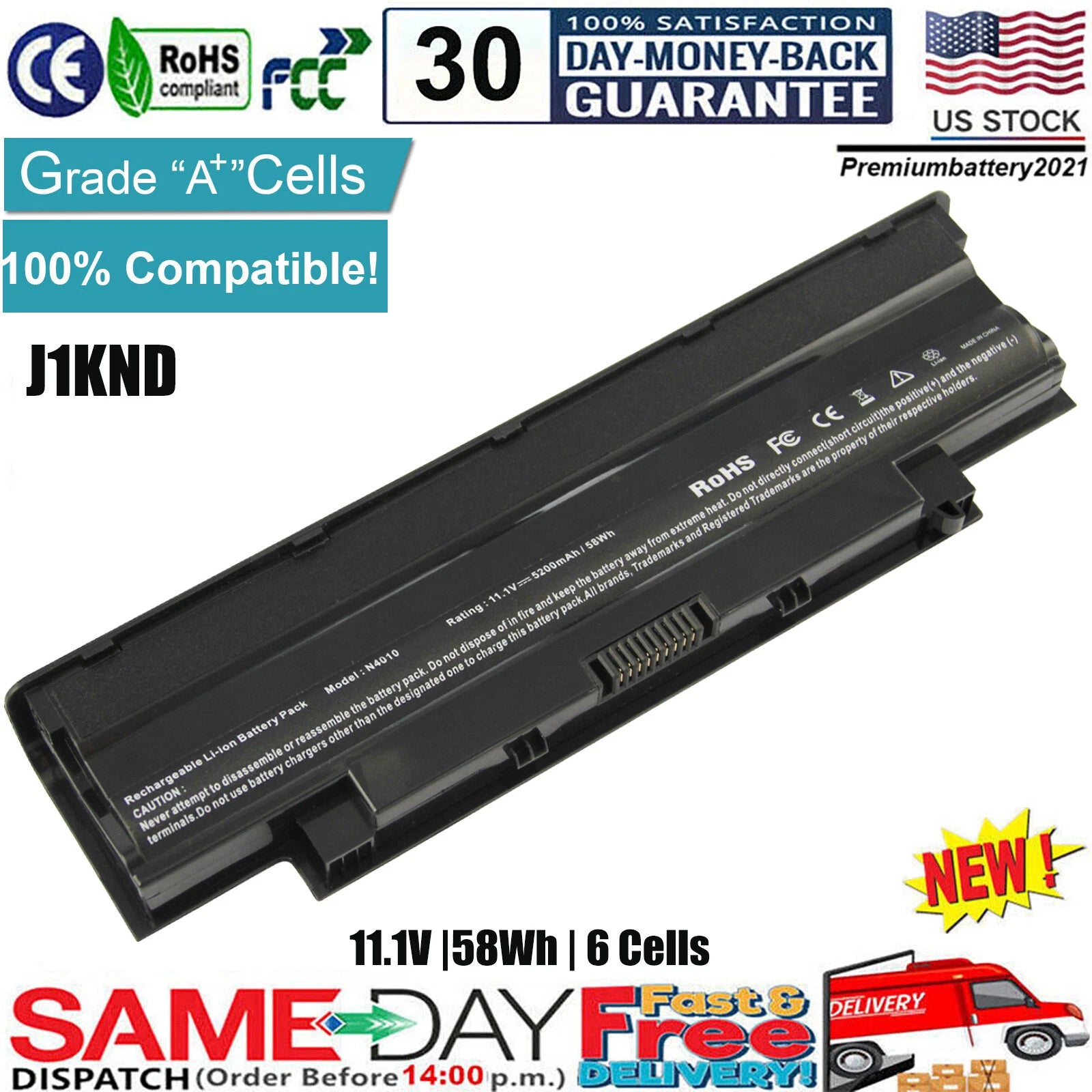 ?J1KND Battery For Dell Inspiron M5030 N3010 N4010 N4110 N5010 N7010 N5040 NEW