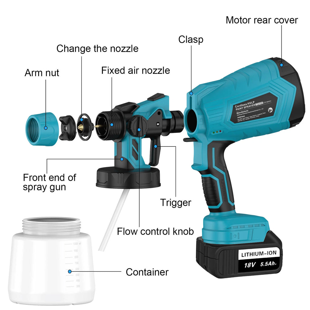 High Pressure Cordless Paint Sprayer Electric Spray Gun Battery for Makita 18V