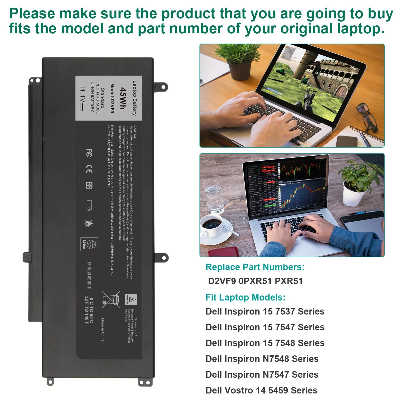 D2VF9 Battery For Dell Inspiron 15 7000 Series 15-7547 15-7548 14-5459 V5459 PC