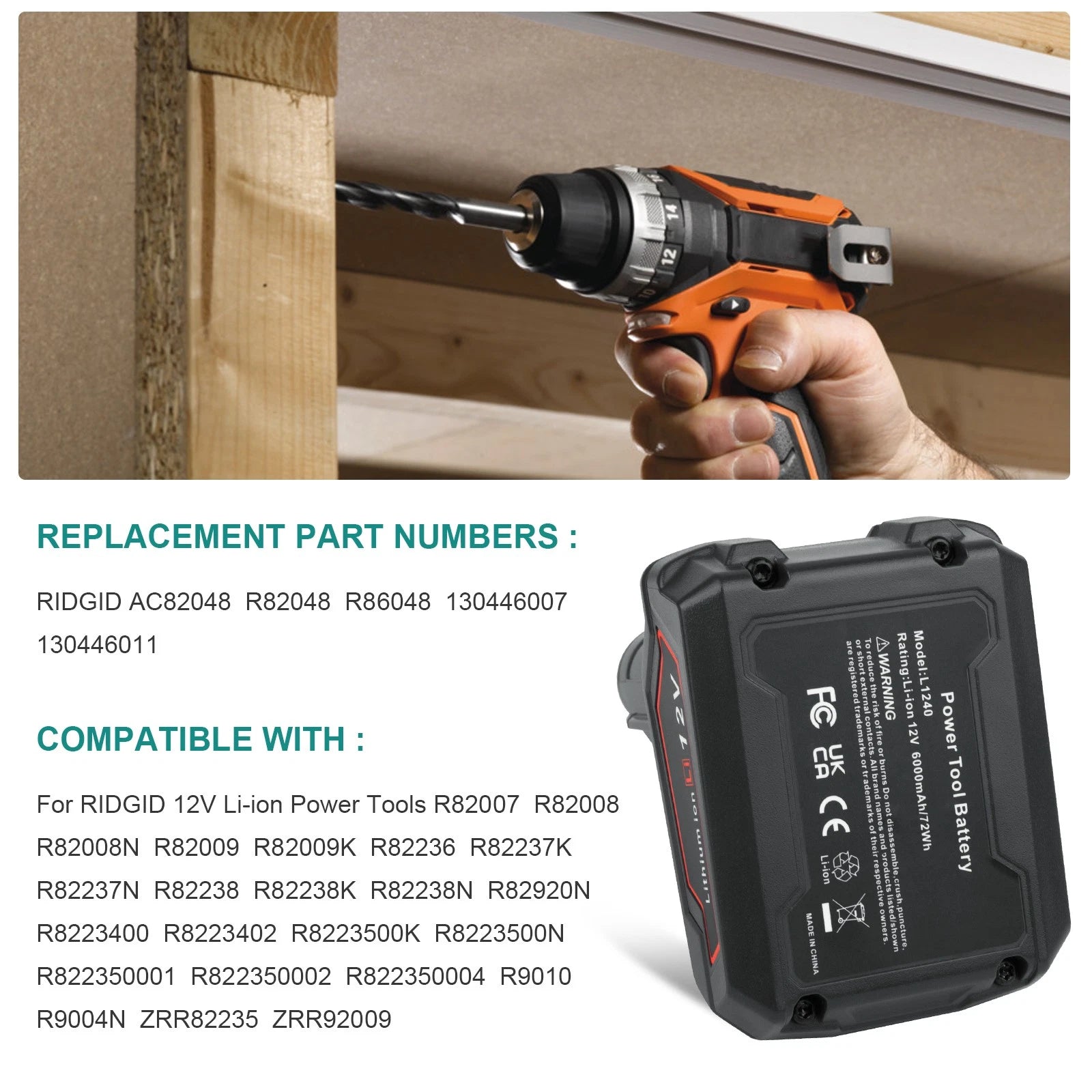 6000mAh For RIDGID 12V Lithium Battery R82059 AC82048 R82048 High Capacity Tool