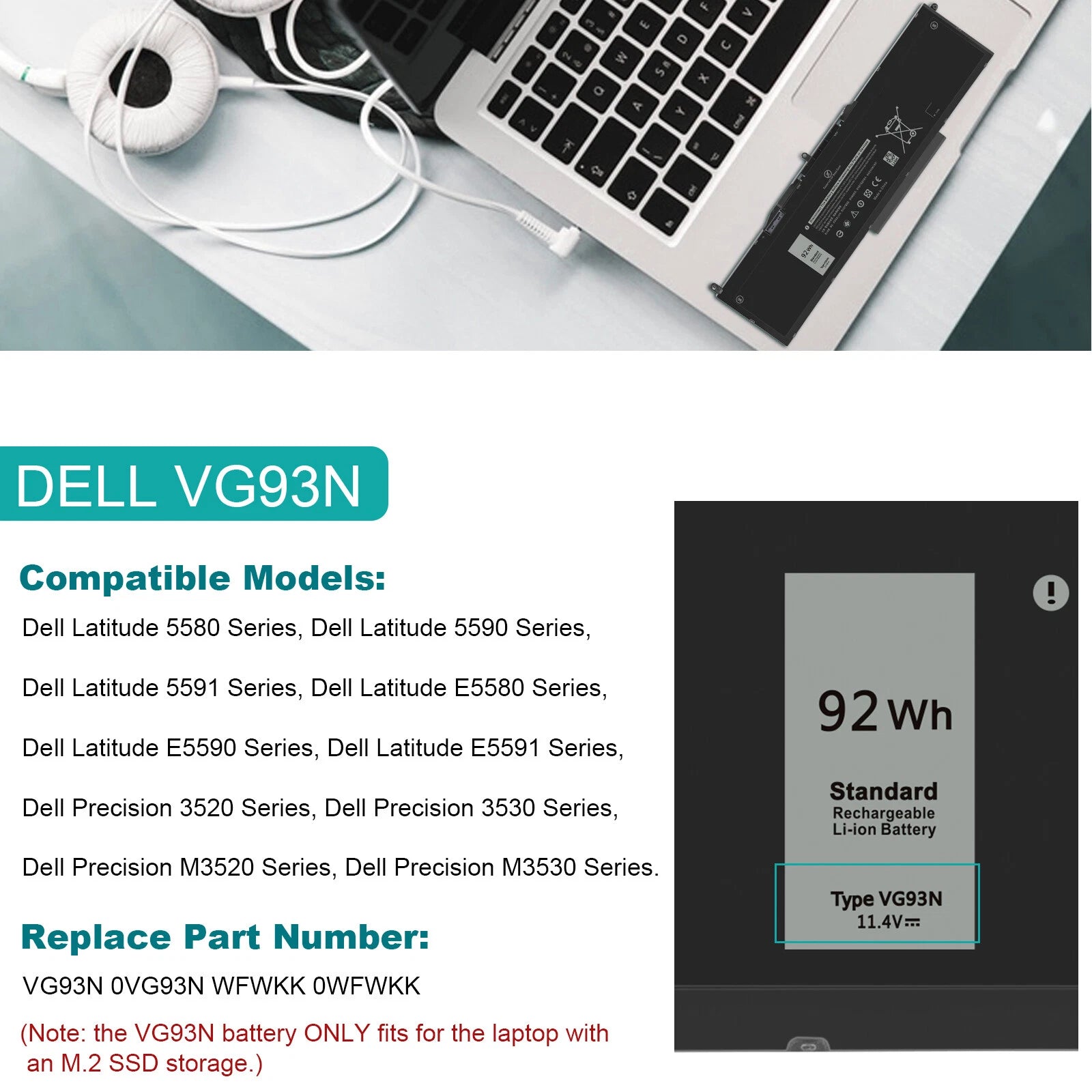New VG93N 92Wh Battery for Dell Latitude 5580 5591 Precision 15 3520 3530 WFWKK