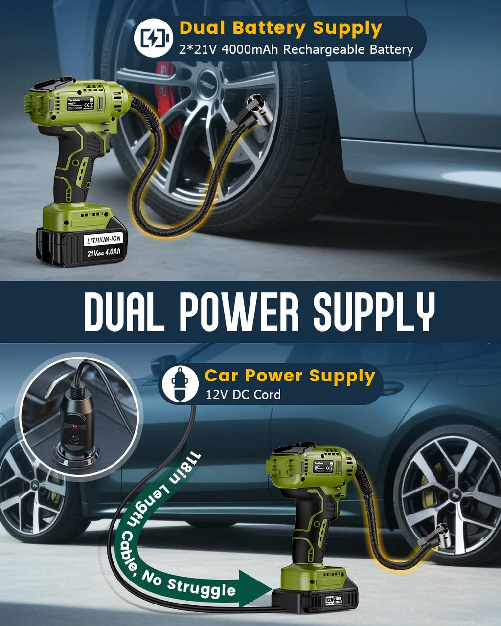 Tire Inflator Portable Air Compressor 150PSI With 2X Faster 21V 4000 mAh Battery