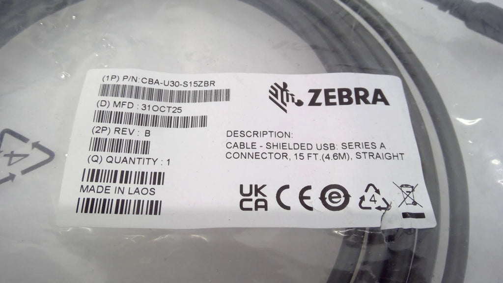 NEW Zebra CBA-U30-S15ZBR 15FT Replacement USB Data Transfer SCANNER Cable Grey