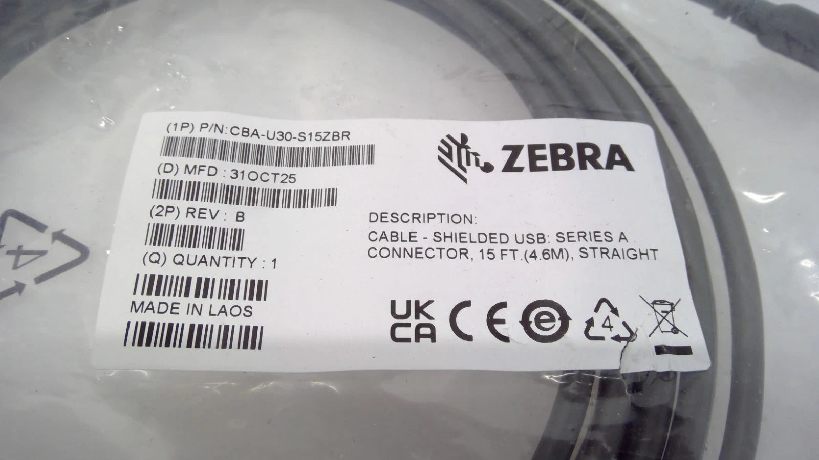 NEW Zebra CBA-U30-S15ZBR 15FT Replacement USB Data Transfer SCANNER Cable Grey