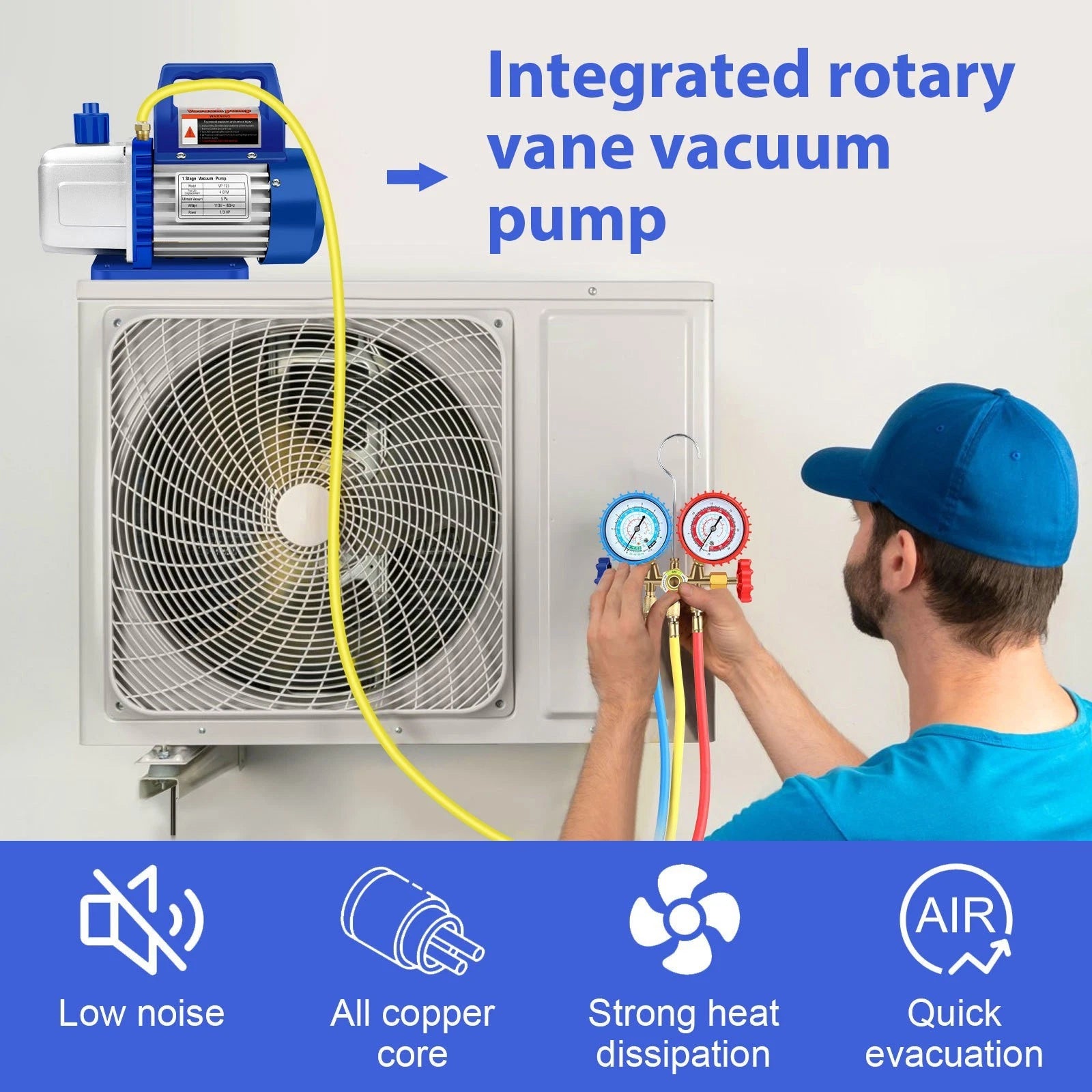 4CFM Rotary Vane Deep Vacuum Pump 1/3HP AC Air Tool R12 R134 HVAC Refrigerant