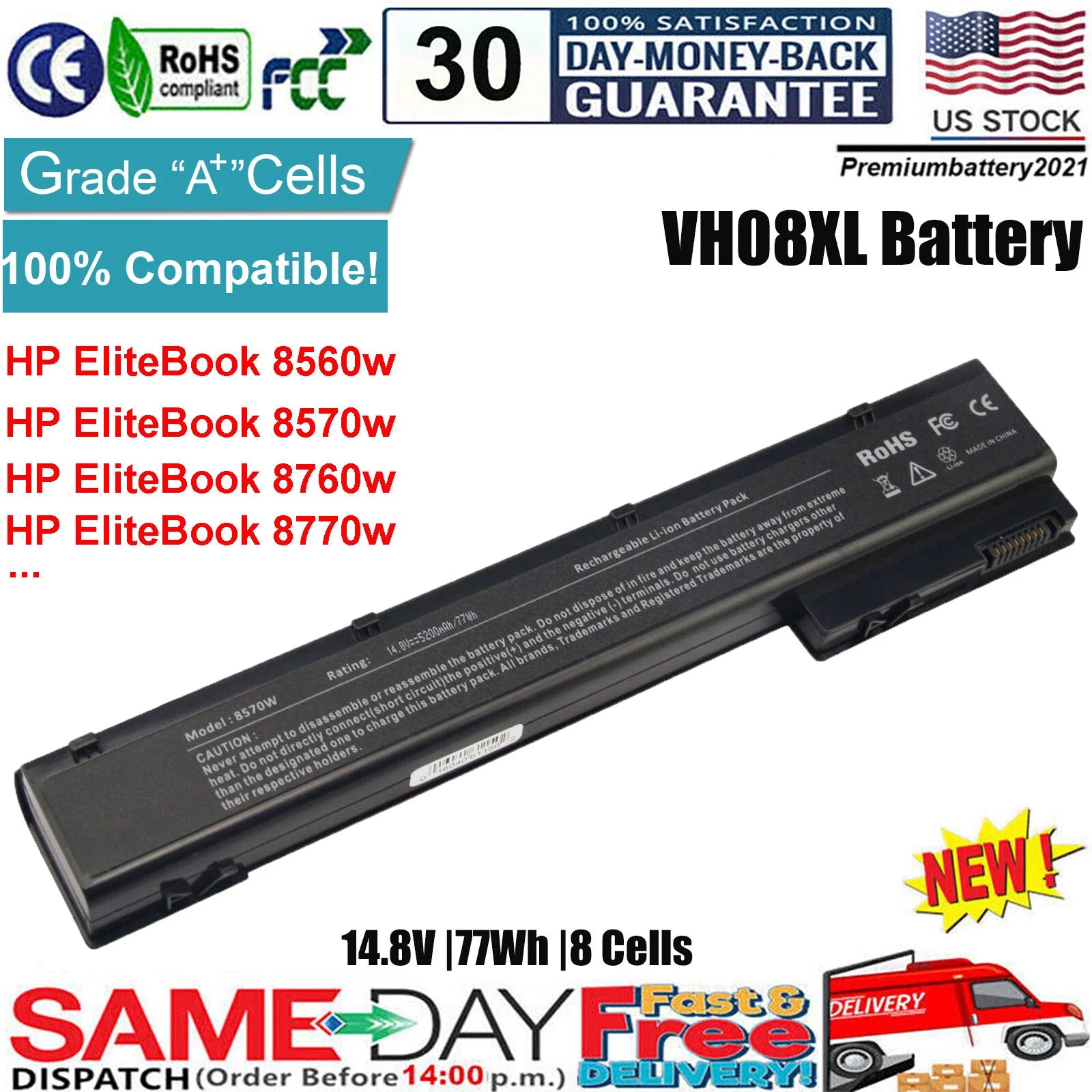 8 Cell Laptop Battery for HP EliteBook 8560w 8570w 632427-001 VH08 632425-001 US