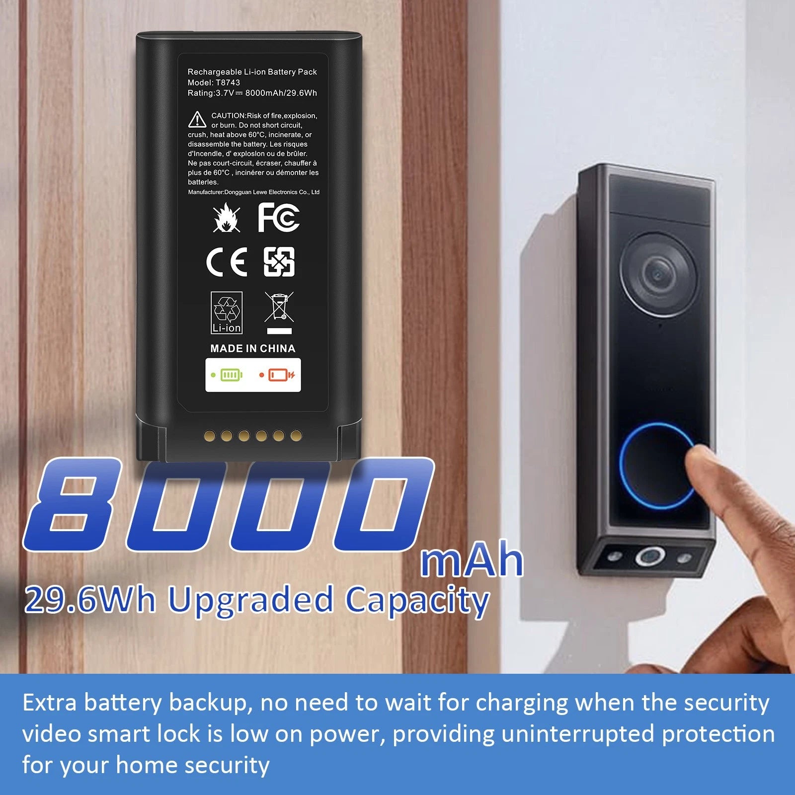 Rechargeable Battery Pack Backup 8000mAh with USB-C for eufy Video Doorbell E340