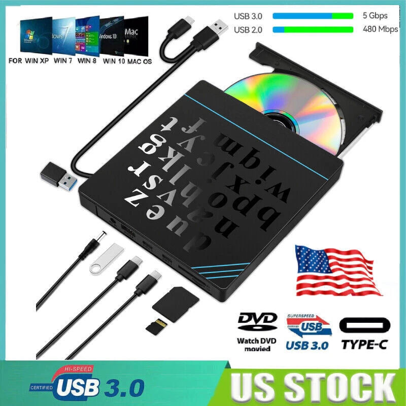 USB External CD RW DVD ROM Writer Burner Player Drive PC Laptop for Mac Windows
