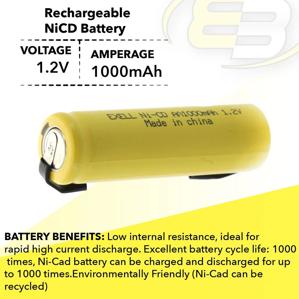 AA 1.2V 1000mAh Rechargeable Battery w/Tabs for LED Lights, Hobby, Alarms