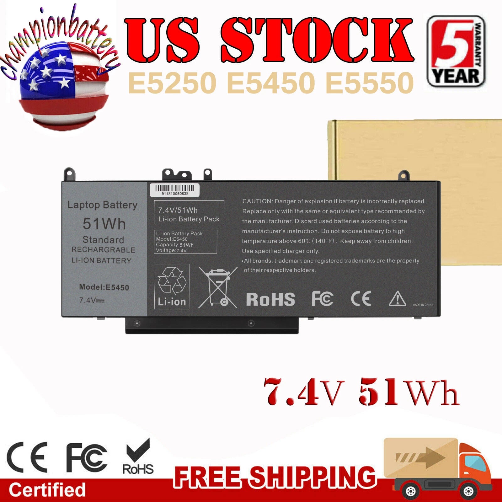Laptop G5M10 Battery for Dell Latitude 3160 E5250 E5450 E5550 WYJC2 8V5GX 51Wh