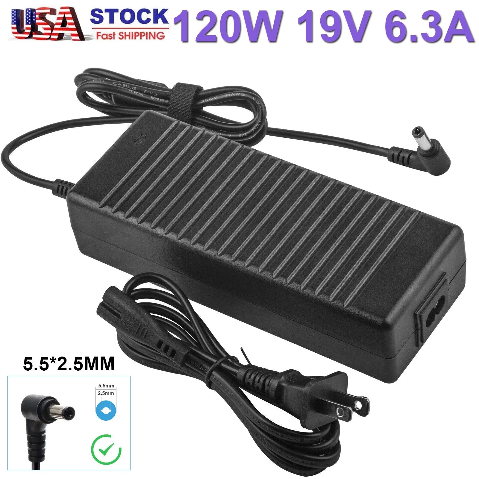 19V 6.32 120W AC Power Supply Adapter Charger For ASUS ROG MSI Laptop 5.5x2.5mm