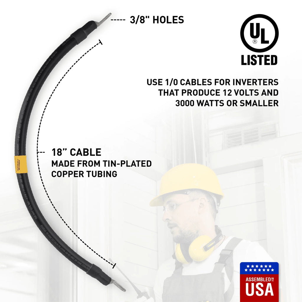 1/0 Black Battery Interconnect Cable 18" with 3/8" Lugs ASSEMBLED IN USA