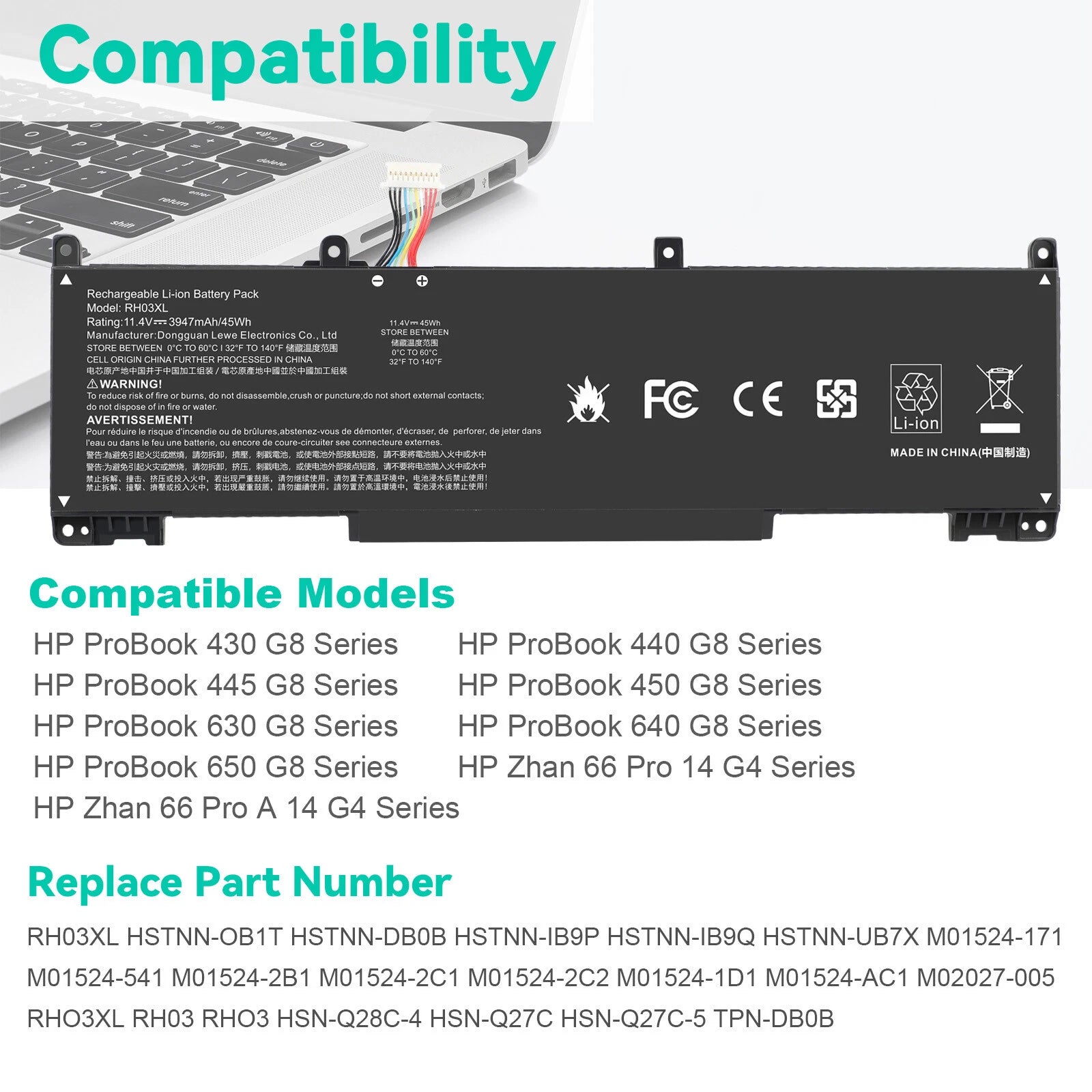 ?RH03XL Battery For HP ProBook 430 440 445 450 630 640 650 G8 HSTNN-OB1T Series?