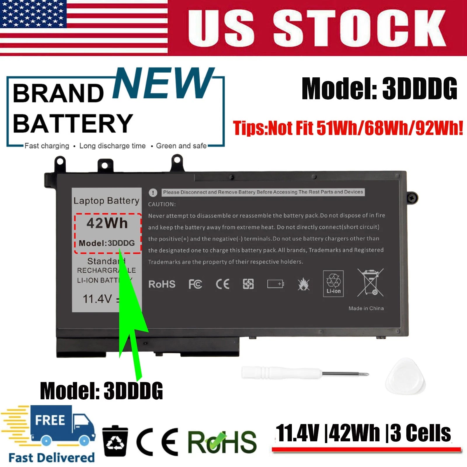 For Dell 3DDDG Battery Latitude 15 3520 E5280 E5480 E5580 D4CMT 83XPC 93FTF