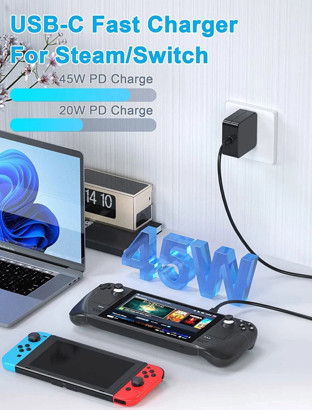 Steam Deck Charger 45W PD Power Supply Type C Adapter USB-C Laptop Charger