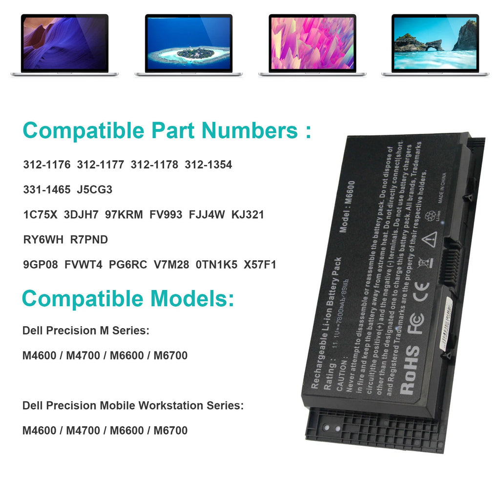 Battery for Dell Precision M4600 M4700 M4800 M6600 M6700 M50 FV993 FAST 7200mAh