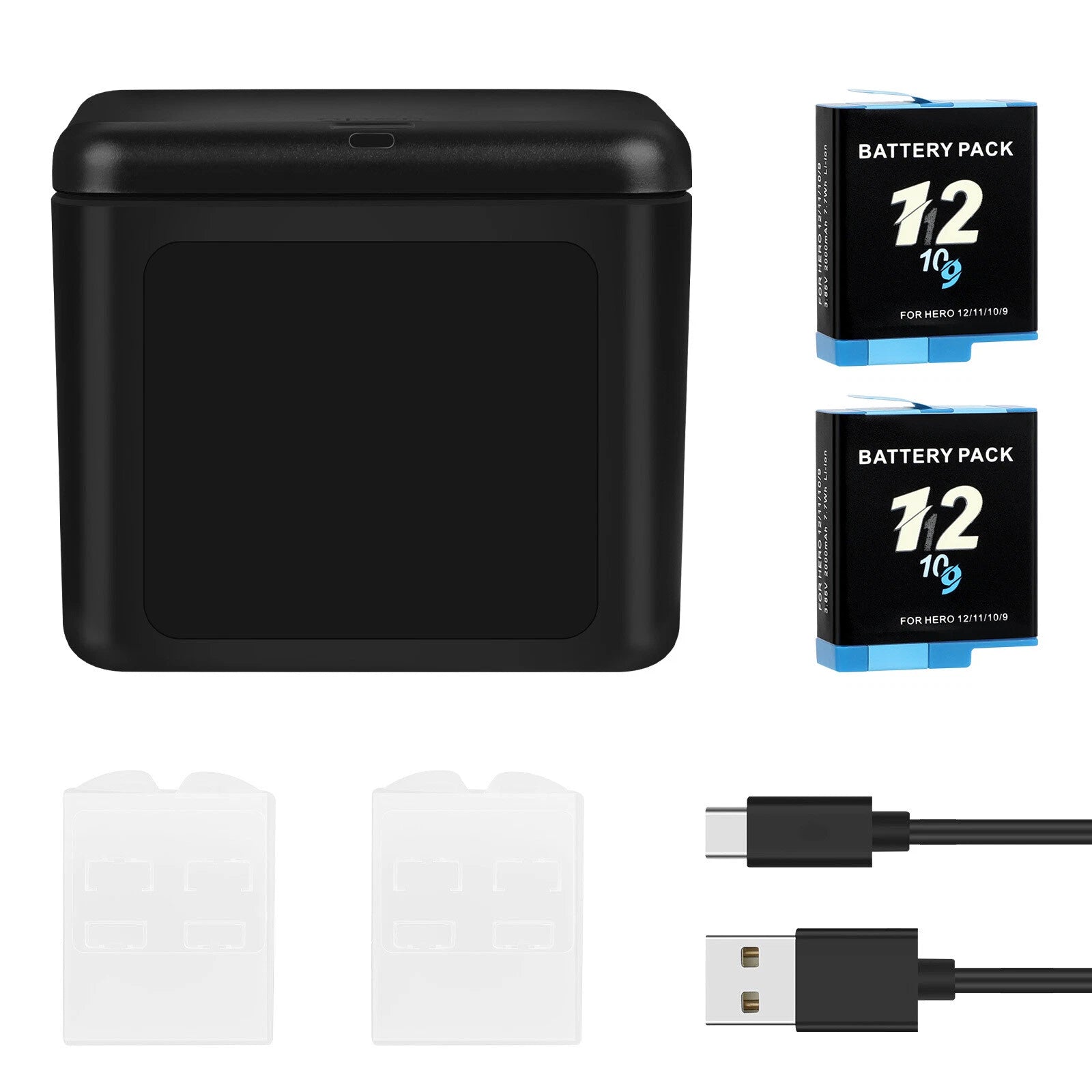 2 Pack Hero 11 Battery & 3-Channel Charger Station for Gopro Hero 11/10/9 Black