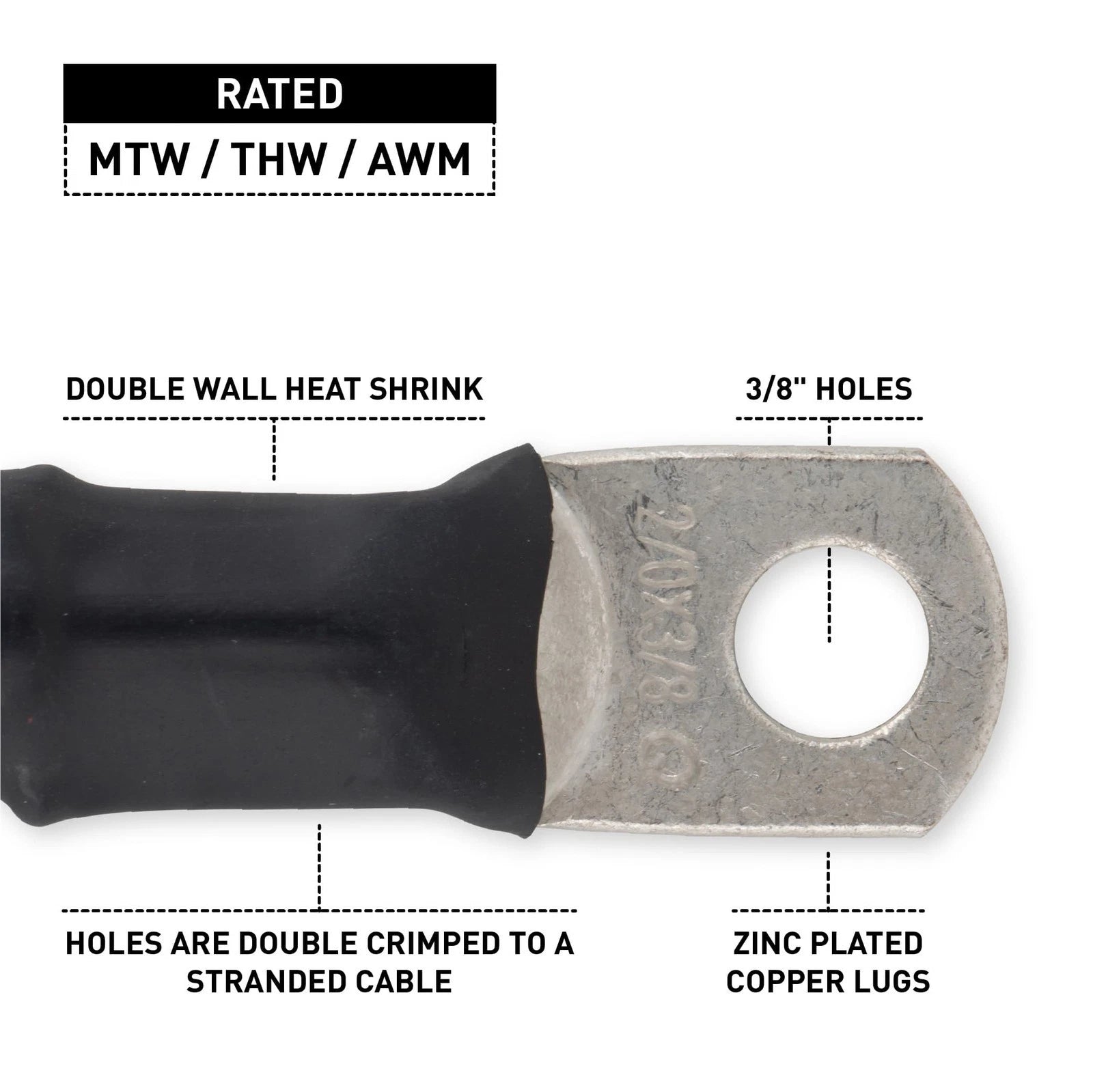 2/0 Black Battery Interconnect Cable 8" with 3/8" Lugs ASSEMBLED IN USA