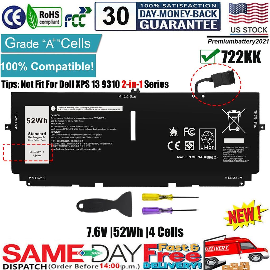 NEW 52WH 722KK Battery For DELL XPS 13 9310 9300 9380 0WN0N0 WN0N0 02XXFW 2XXFW