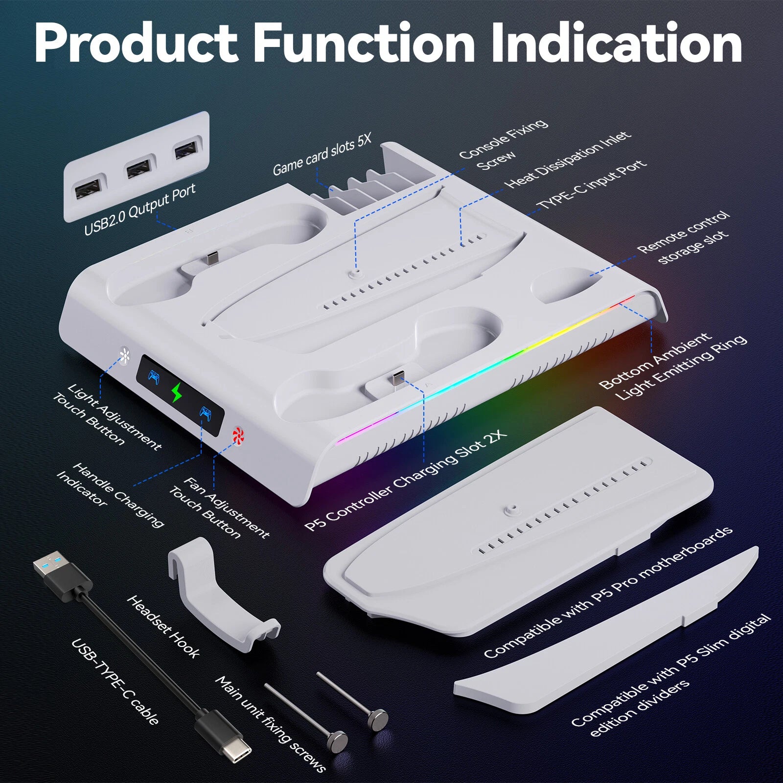 For PS5 Slim Controller Stand Cooling Fan Charging Station for Sony Playstation5