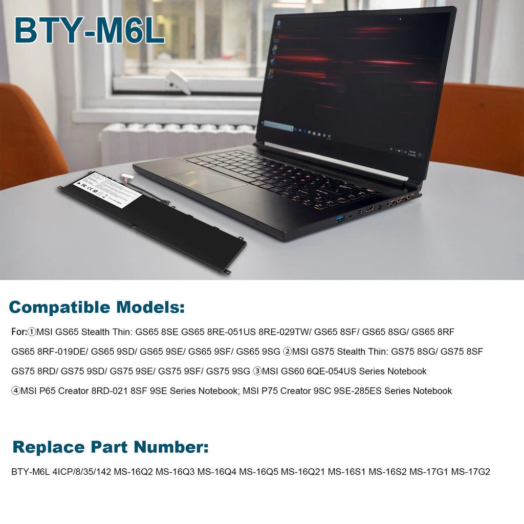 LAPTOP BTY-M6L Battery for MSI GS65 GS75 Stealth Thin 8SE 8SF 8SG Series 80.25Wh