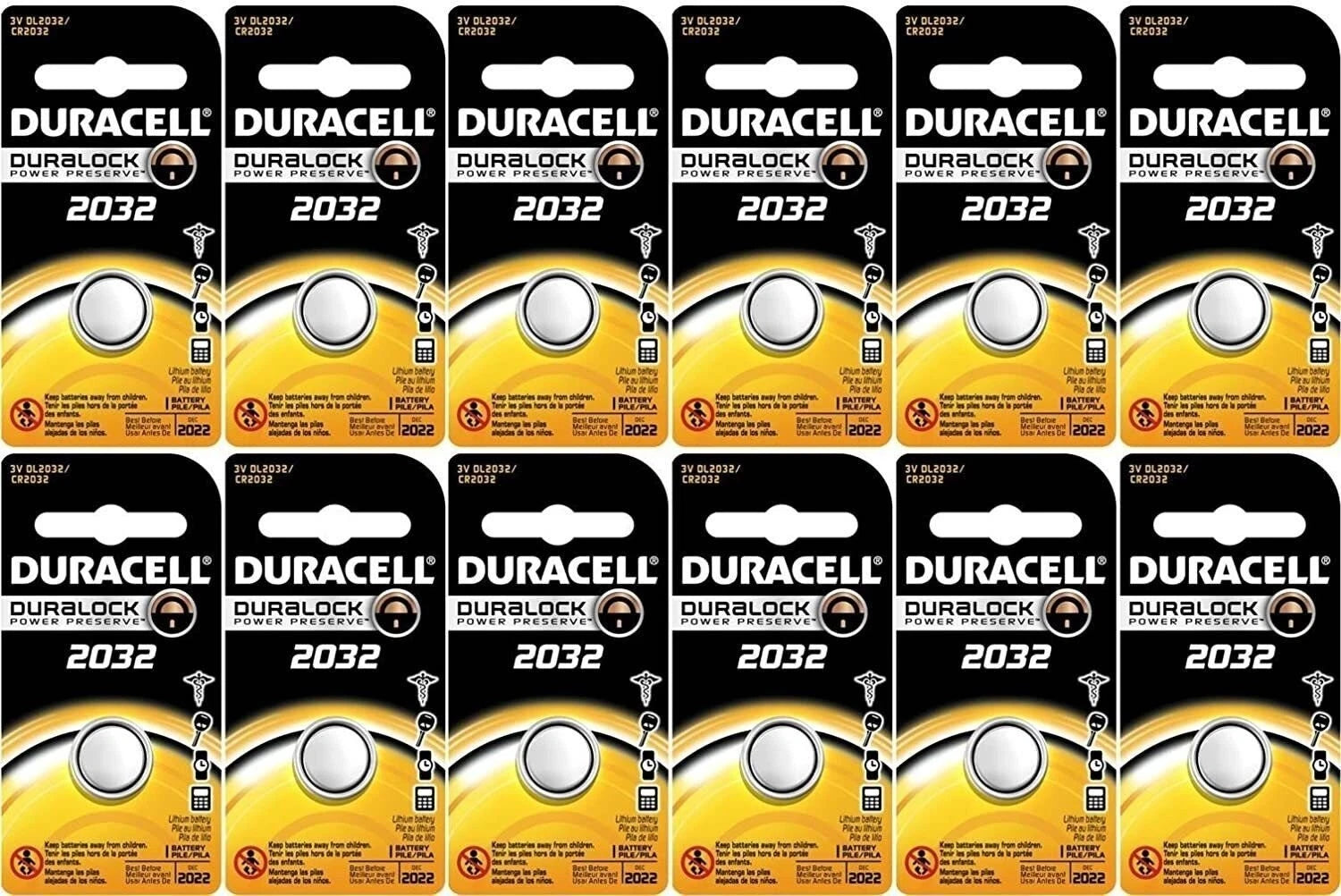 Duracell DL2032 Lithium Coin Battery, 2032 Size, 3V, 230mAh Capacity Pack of 12