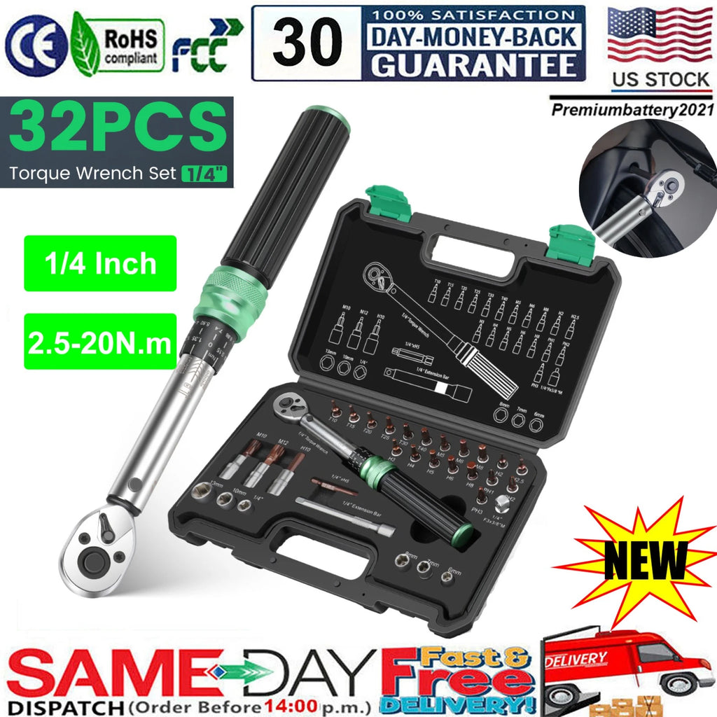 ?32Pcs 1/4'' Drive Adjustable Click Torque Wrench 2.5-25NM w/ Extension Bar NEW